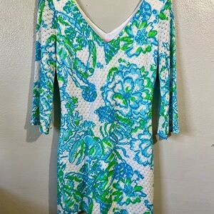 Lilly Pulitzer Floral Lace V Neck Tunic Dress 3/4 Sleeve Blue Green Size 14 Midi